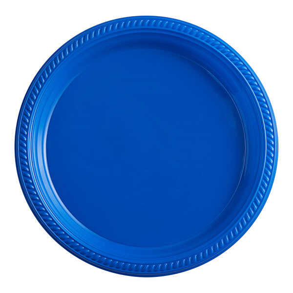 A close-up of a blue Choice plastic plate.