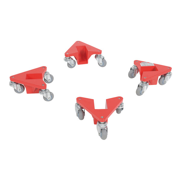 A group of red plastic Vestil corner mover dollies with grey wheels.
