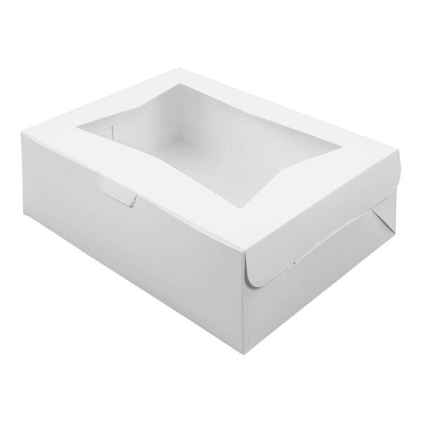A white rectangular bakery box with a clear window on the lid.