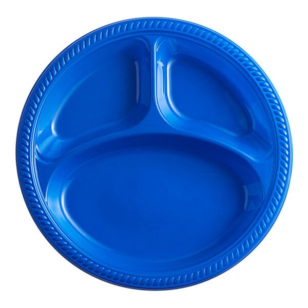 A close-up of a blue plate with three compartments.