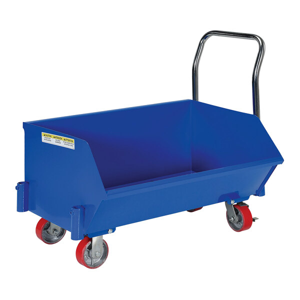 A blue Vestil low-profile steel hopper cart with red wheels.