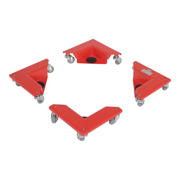 A group of red Vestil steel corner mover dollies.