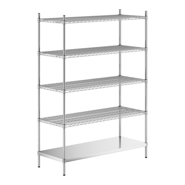 A stainless steel wire shelf kit with 5 shelves and solid bottom.