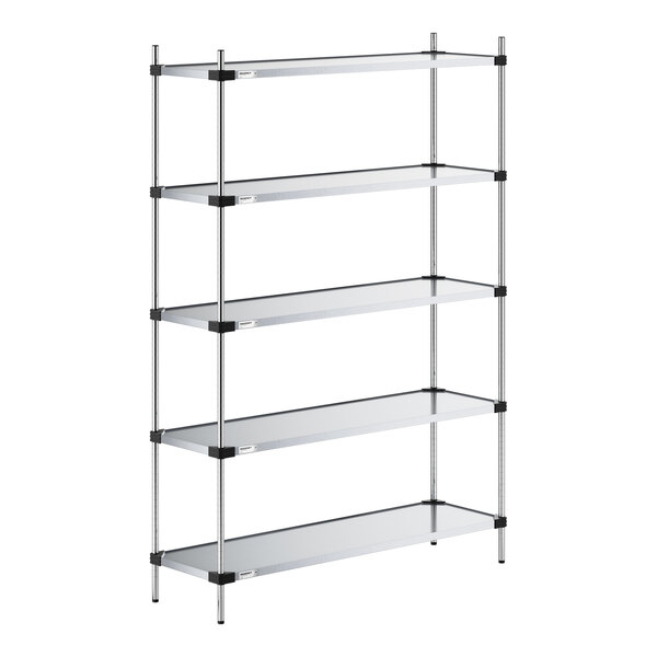 A five-tier shelving unit with solid metal shelves and four vertical support posts.