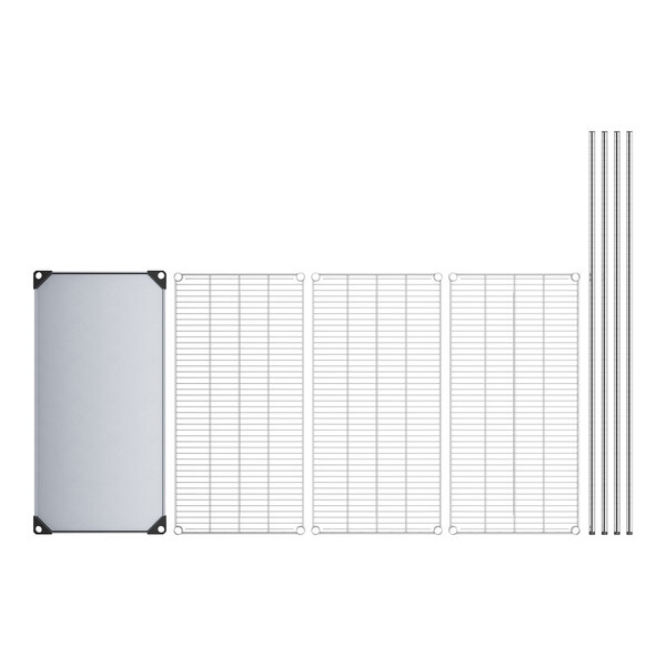 A white rectangular Regency wire shelf with a solid galvanized steel bottom and black posts.