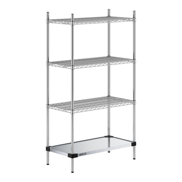 A Regency chrome wire shelving unit with three shelves and a solid metal bottom shelf.