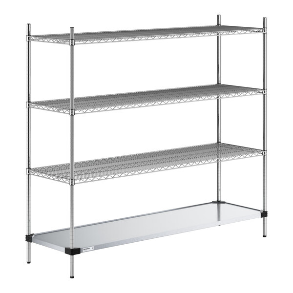 A four-tier metal shelving unit with three wire shelves and one solid bottom shelf, supported by four vertical posts.