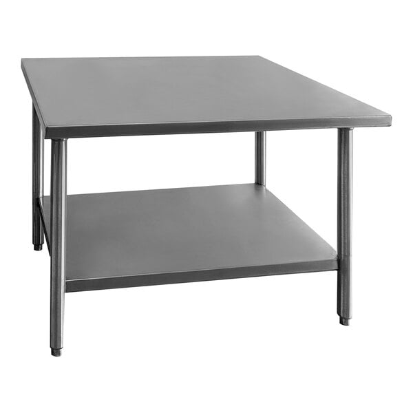 A grey rectangular Winholt stainless steel work table with undershelf.