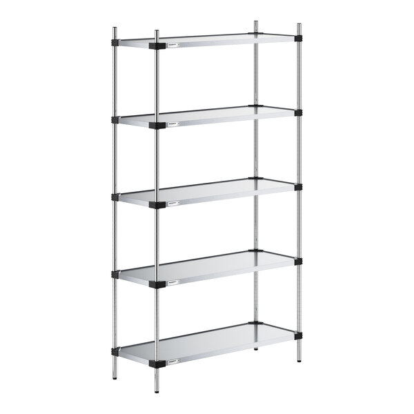A five-tier shelving unit with solid metal shelves and four vertical support posts.