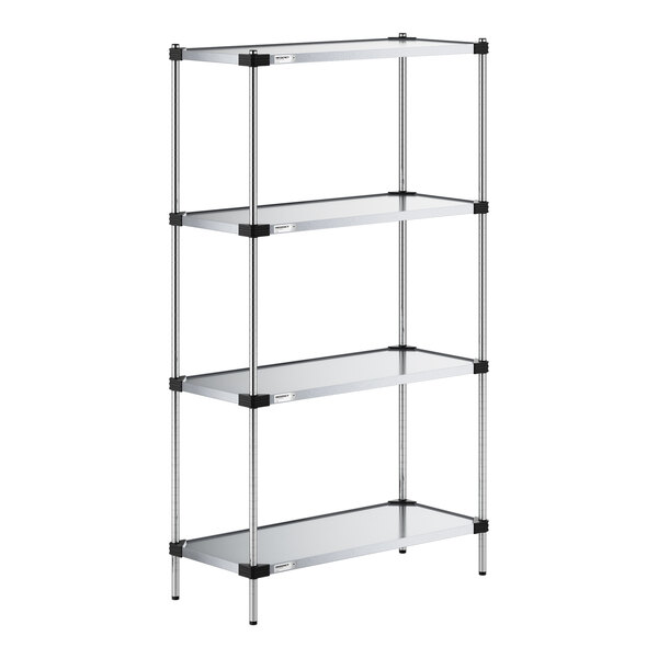 A four-tier shelving unit with solid metal shelves and vertical metal posts, featuring a minimalist and industrial design.