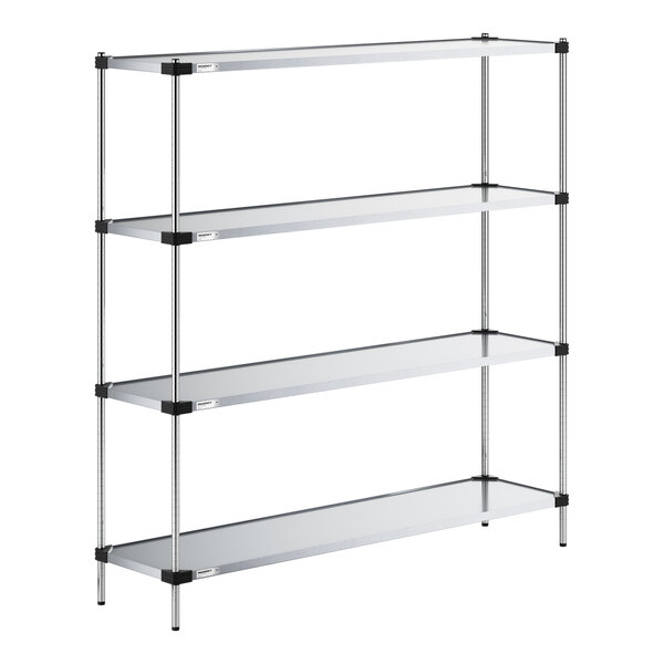 A four-tier metal shelving unit with solid shelves and vertical support posts.