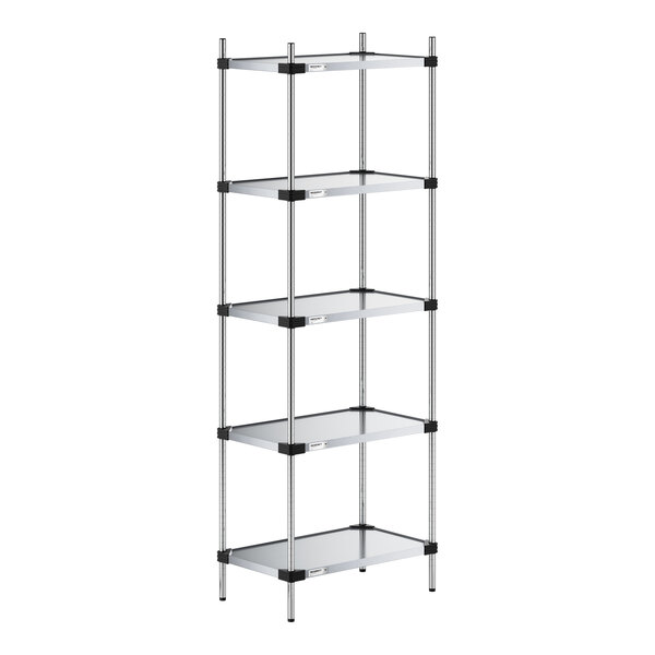 A tall, five-tier shelving unit with solid metal shelves and vertical support posts.