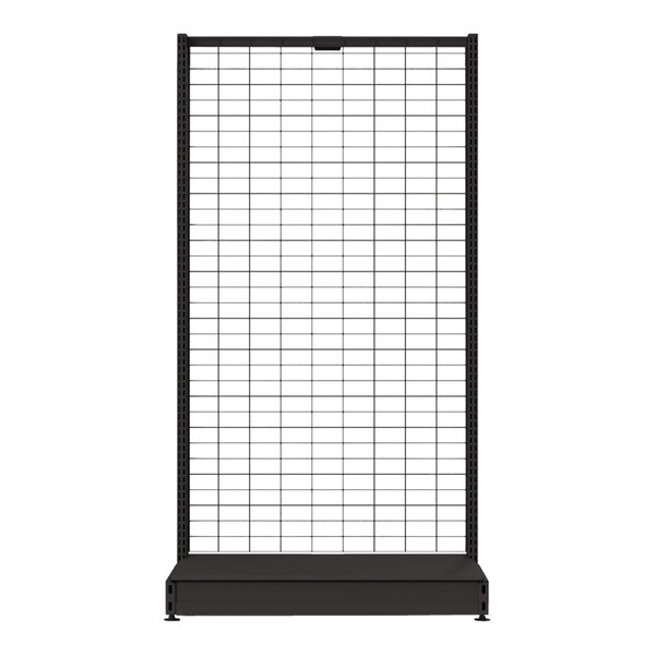 A black Wanzl Wire Tech Gondola shelving unit with rectangular grids.