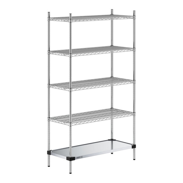 A Regency chrome wire shelving unit with a solid metal bottom shelf and four wire shelves.