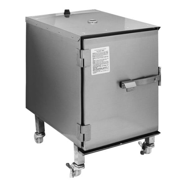 A stainless steel SmokinTex 1100 Pro Series Electric Smoker on wheels with a door.