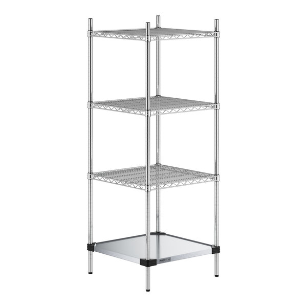 A Regency chrome wire shelving unit with four shelves, including a solid metal bottom shelf.