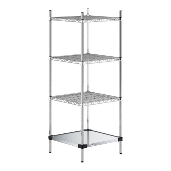 A four-tier chrome wire shelving unit with three wire shelves and one solid metal shelf at the bottom, supported by four vertical posts.