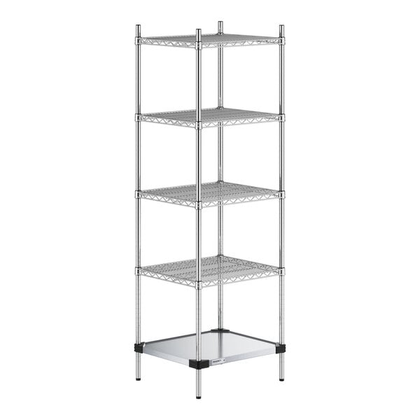 A tall, five-tier shelving unit with four wire shelves and one solid bottom shelf, supported by four vertical metal posts.