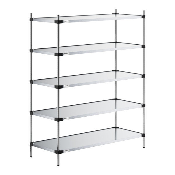 A five-tier metal shelving unit with solid shelves and four vertical posts.