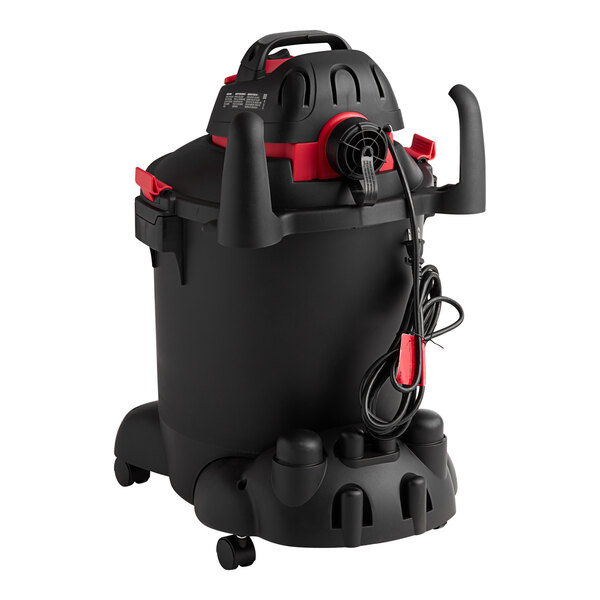 A black and red Shop-Vac wet/dry utility vacuum with a red hose.