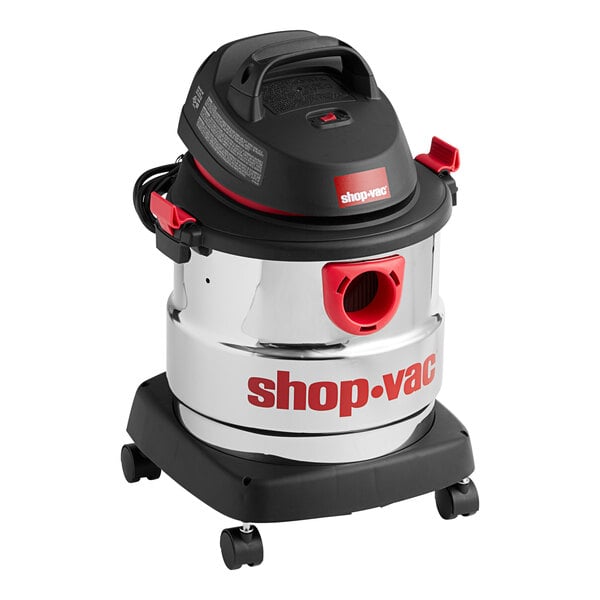 A Shop-Vac stainless steel wet/dry vacuum on wheels.