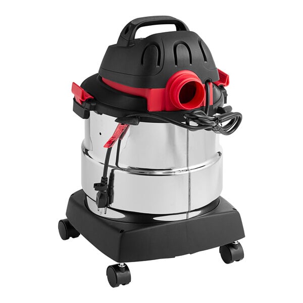 A stainless steel Shop-Vac wet/dry vacuum cleaner on wheels.