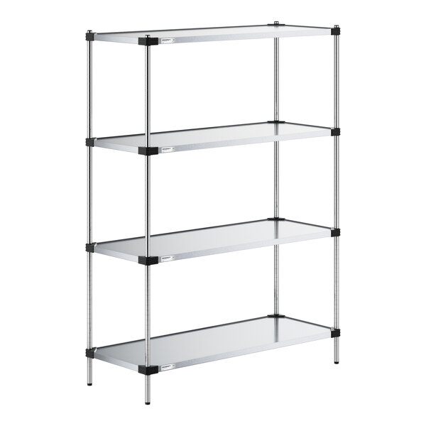 A four-tier metal shelving unit with solid shelves and vertical posts, shown against a white background.