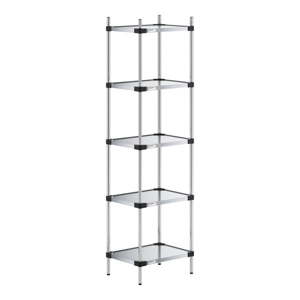 A tall, five-tier shelving unit with solid metal shelves and four vertical support posts.
