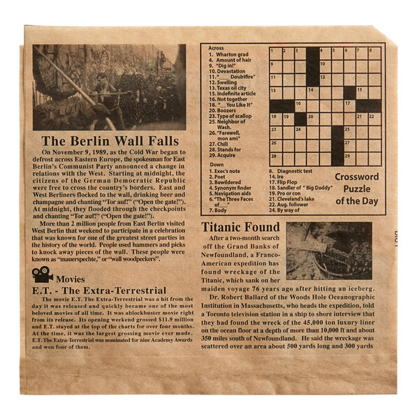 A Choice kraft newsprint cone basket liner with a crossword puzzle on it.