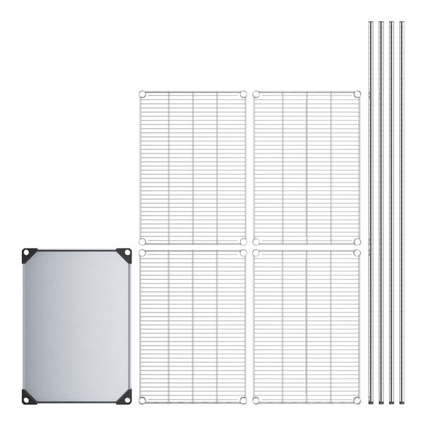 A white metal wire grid with metal corners and a solid galvanized steel panel.