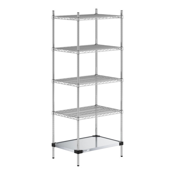 A five-tier chrome wire shelving unit with four wire shelves and one solid metal shelf at the bottom, supported by four vertical posts.