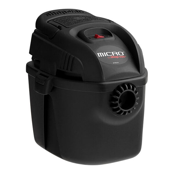 A black Shop-Vac wet/dry vacuum cleaner with a red button.