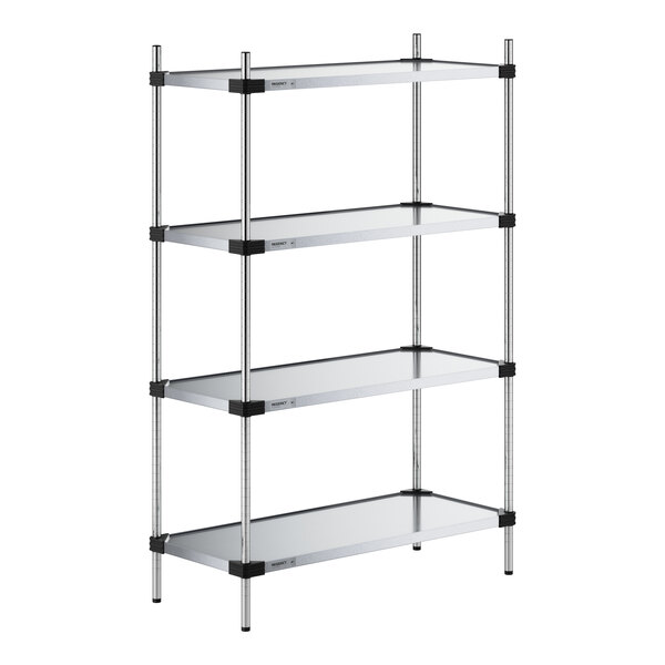 A Regency galvanized metal wire shelving unit with four shelves.