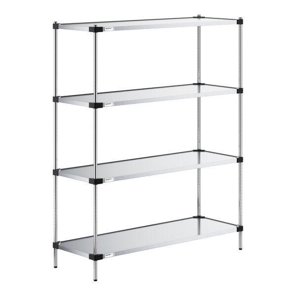 A four-tier metal shelving unit with solid shelves and vertical posts, shown against a white background.
