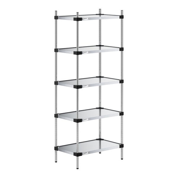 A five-tier shelving unit with solid metal shelves and four vertical support posts.