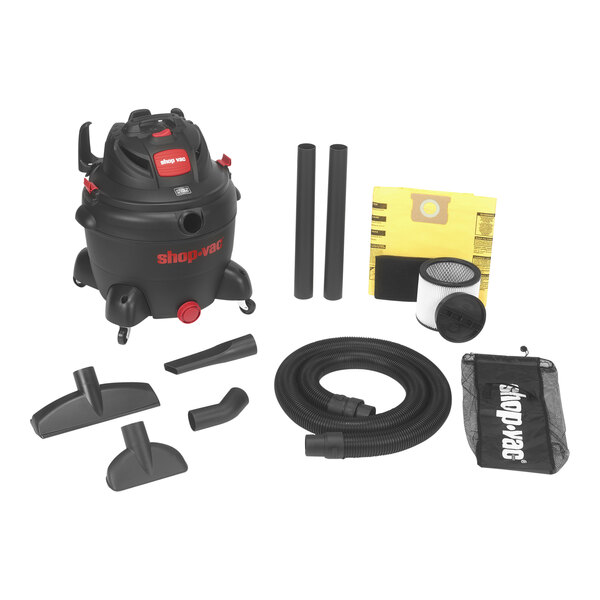 A black and red Shop-Vac wet/dry utility vacuum with accessories.