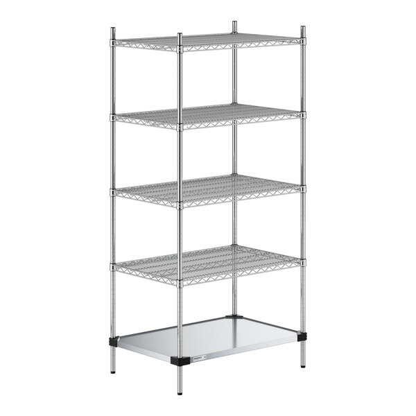 A five-tier metal shelving unit with four wire shelves and one solid bottom shelf, supported by four vertical posts.