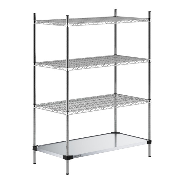 A Regency chrome wire shelving unit with three shelves and a solid metal bottom shelf.
