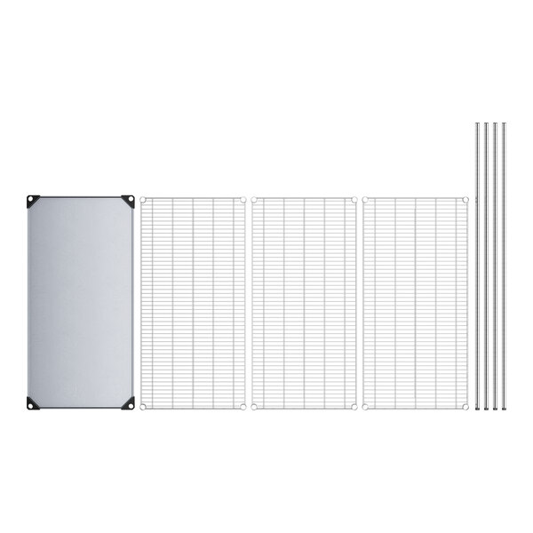 A white rectangular wire shelving unit with metal rods and a solid metal shelf.