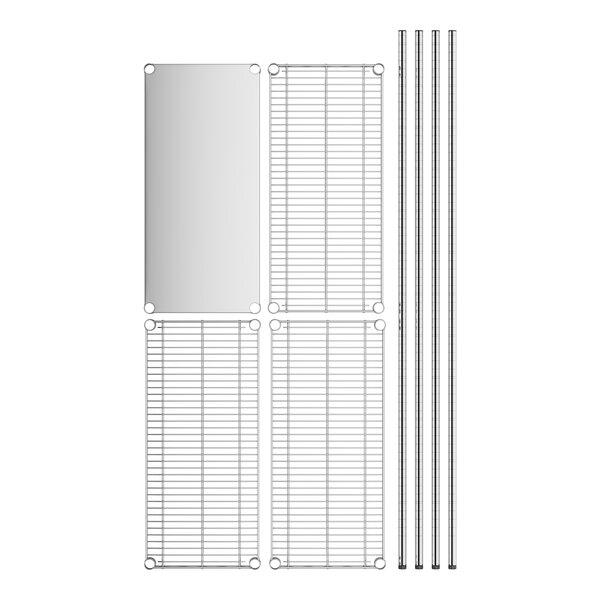 A stainless steel wire shelf kit with solid stainless steel bottom shelves and metal rods.
