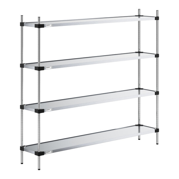 A four-tier metal shelving unit with solid shelves and vertical support posts.