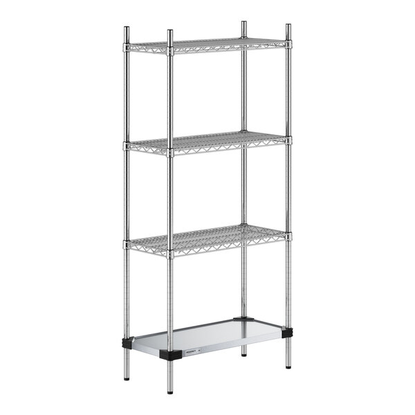Regency 14" x 30" NSF Chrome Wire 4-Shelf Kit with Solid Galvanized Steel Bottom Shelf and 64" Posts