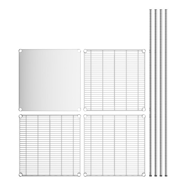 A stainless steel wire shelf kit with four shelves, metal rods, and a solid stainless steel bottom.