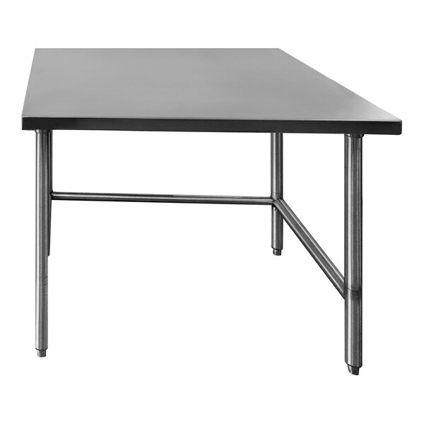 A black Winholt stainless steel work table with metal legs.