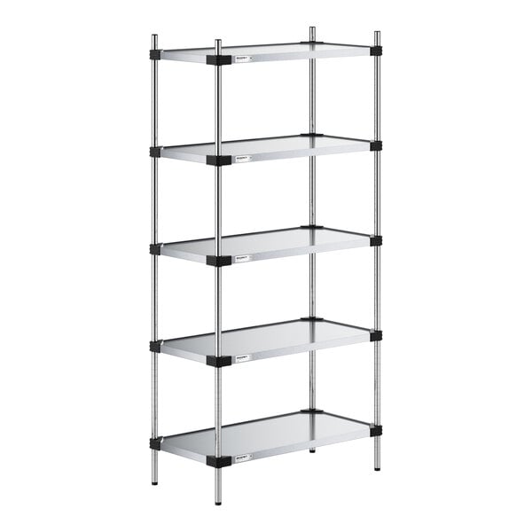 A five-tier shelving unit with solid metal shelves and four vertical support posts.