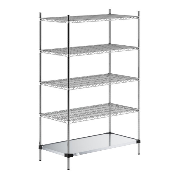 Regency 24" x 48" NSF Chrome Wire 5-Shelf Kit with Solid Galvanized Steel Bottom Shelf and 74" Posts