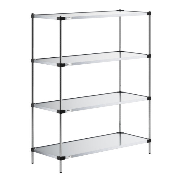 A four-tier metal shelving unit with solid shelves and vertical posts, shown against a white background.