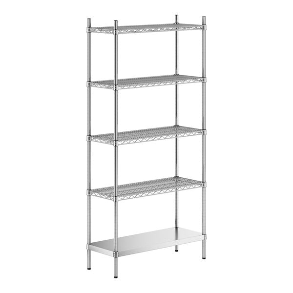 A stainless steel wire shelf kit with 5 shelves and solid stainless steel bottom.
