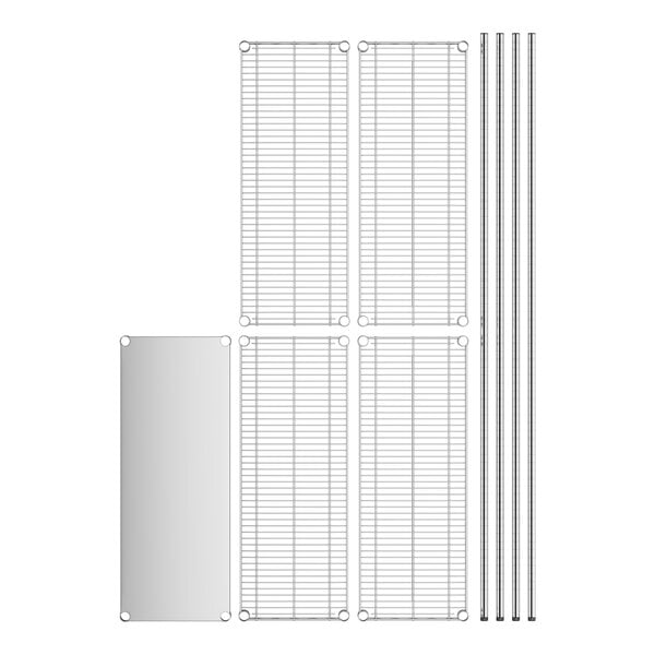 A white grid of stainless steel wire shelves with a solid stainless steel bottom and 5 shelves.