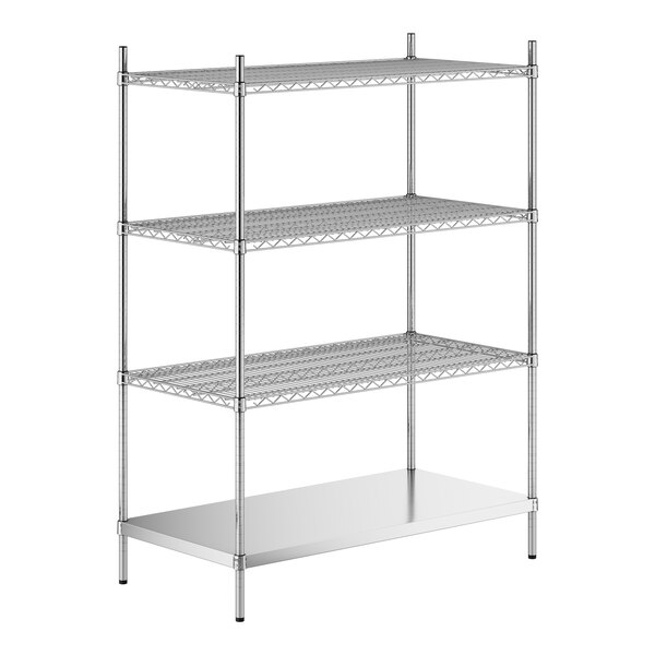 A stainless steel shelving unit with four shelves.